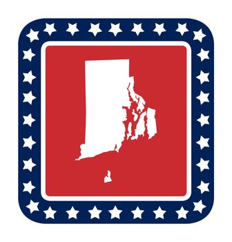 Rhode Island state button on American flag in flat web design style, isolated on white background.