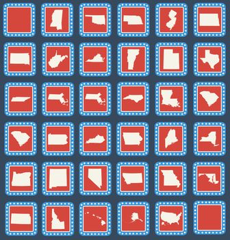 Set of American state map buttons in flat web design style, isolated on white background.