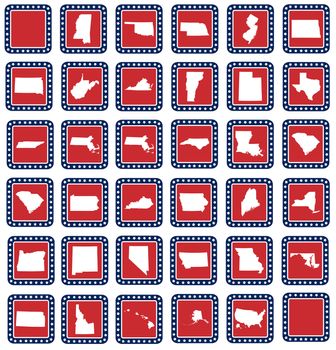 Set of American state map buttons in flat web design style, isolated on white background.
