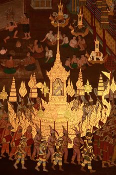 Ancient art mural in Buddhist temple, Thailand