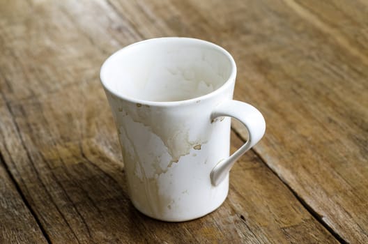 Empty coffee mug, with stains on wooden background