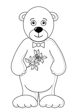 Teddy bear with flower, holiday toy, isolated, contours