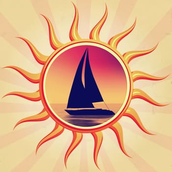retro illustration of sun with boat silhouette 