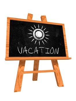 Wooden Blackboard with hand drawn sun and text vacation