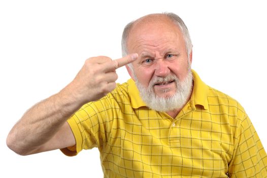 senior bald man shows fuck with middle finger, motion blur at hand