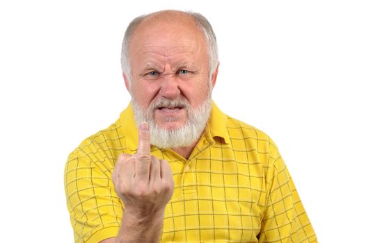 senior funny bald man shows fuck or middle finger