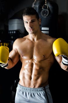 Handsome shirtless and muscular young man with boxer's gloves in a gym