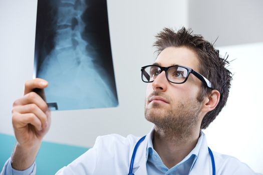 Professional radiologist examining an X-ray image of human spine.