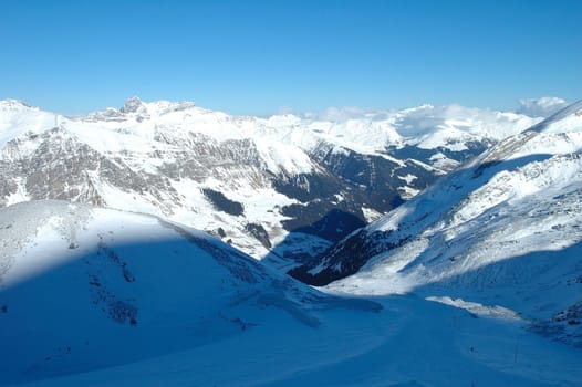 Slope, Peaks and valley in Alps nearby Hintertux in Zillertal valley in Austria