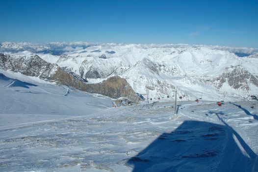 Peaks and ski lift nearby Hintertux in Zillertal valley in Austria