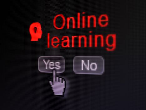 Education concept: buttons yes and no with pixelated Head With Light Bulb icon, word Online Learning and Hand cursor on digital computer screen, selected focus 3d render