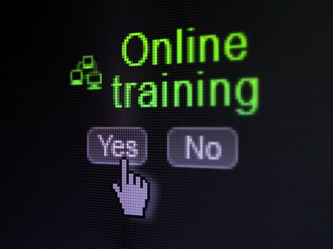 Education concept: buttons yes and no with pixelated Lan Computer Network icon, word Online Training and Hand cursor on digital computer screen, selected focus 3d render