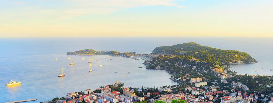 Panoramic sea bay view, yachts and boats. French Riviera, Azure Coast or Cote d Azur, Provence, France 