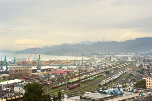 Panoramic view of Batumi port and railway station in Georgia