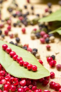 Dry bay laurel leaf with multicolored peppercorn closeup on wooden background