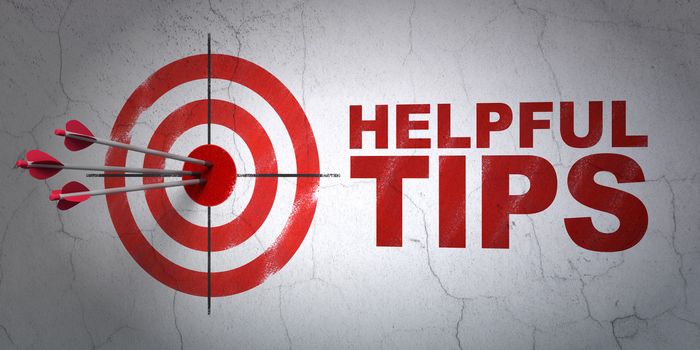 Success Education concept: arrows hitting the center of target, Red Helpful Tips on wall background, 3d render