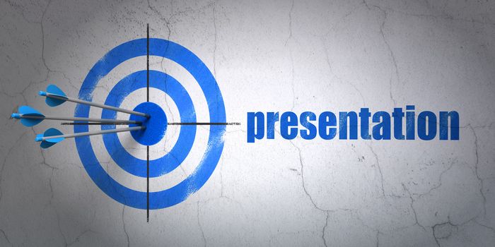 Success marketing concept: arrows hitting the center of target, Blue Presentation on wall background, 3d render