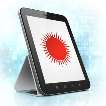 Travel concept: black tablet pc computer with Sun icon on display. Modern portable touch pad on Blue Digital background, 3d render