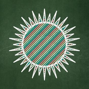 Vacation concept: Sun icon on Green chalkboard background, 3d render