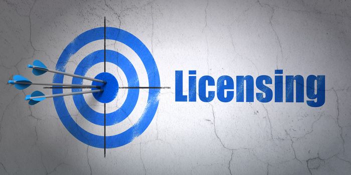 Success law concept: arrows hitting the center of target, Blue Licensing on wall background, 3d render