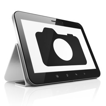 Vacation concept: black tablet pc computer with Photo Camera icon on display. Modern portable touch pad on White background, 3d render