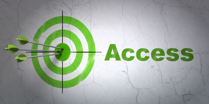 Success protection concept: arrows hitting the center of target, Green Access on wall background, 3d render