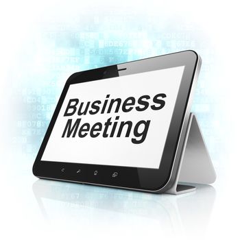 Finance concept: black tablet pc computer with text Business Meeting on display. Modern portable touch pad on Blue Digital background, 3d render