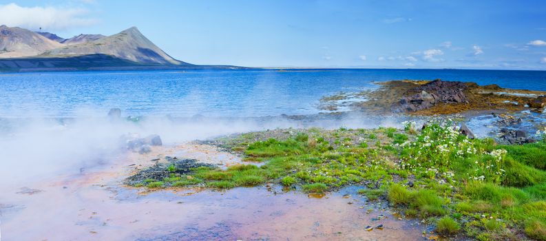 Landscape with geothermal spring near Atlantic ocean in Volcanic Iceland