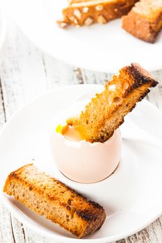 The soft-boiled egg in an eggcup with toasted bread