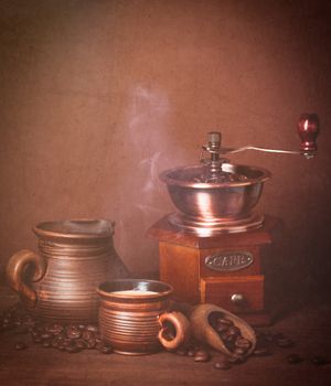 Coffee still life in rustic style over brown background