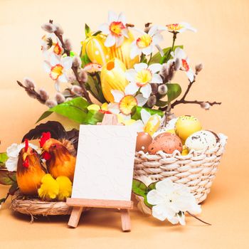 Easter greetings with eggs, flowers and chiken