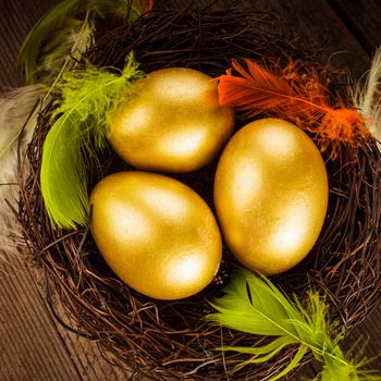 golden eggs in the nest over wooden background with copy text