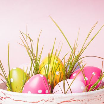 Decorative eggs in pot with grass over pink background. Easter decor.