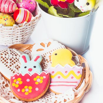 Easter cookies and decorative eggs. Easter decor