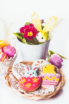 Easter cookies and decorative eggs. Easter decor