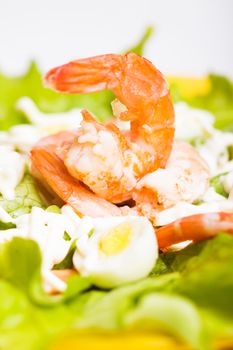 Salad with boiled shrimps, quail eggs and sauce