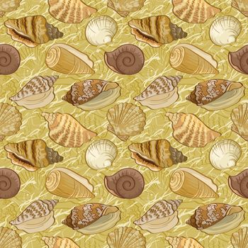 Seamless background, pattern with marine seashells and contour.
