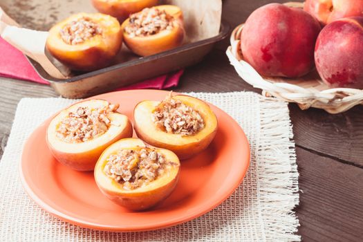 Stuffed Baked Peaches with walnuts and crunches