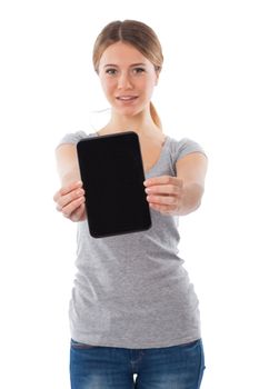 Young woman presenting a blank touchpad, communication concept