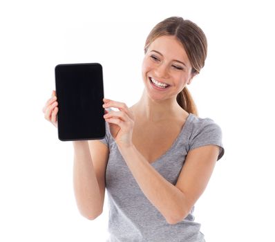 Happy woman presenting a touchpad, communication concept