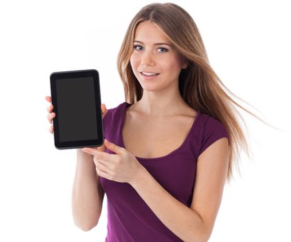 Woman holding a blank electronic tablet, communication concept