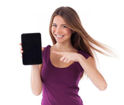 Young woman holding and showing a blank electronic tablet, communication concept