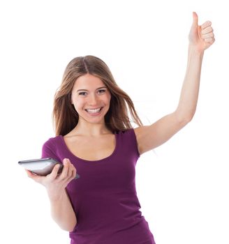 Cheerful woman with an electronic tablet, thumb up, communication and success concept