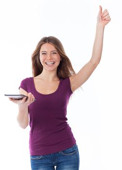 Cheerful woman holding an electronic tablet and having a positive gesture