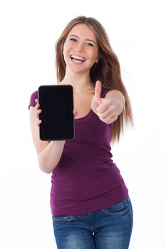 Cheerful woman showing an electronic tablet and having a positive gesture