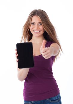 Cute woman showing an electronic tablet and having a positive gesture