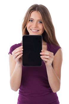 Woman presenting a touchpad with blank screen, isolated on white