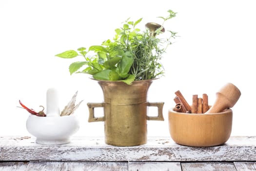 Marble, copper and wooden mortars in the kitchen