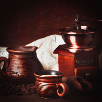 Coffee still life in rustic style with scratched texture overlay