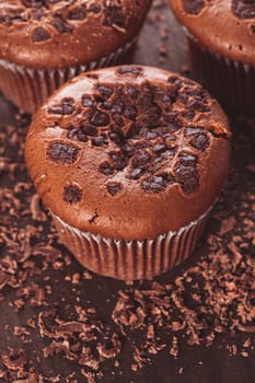 Chocolate muffins with chocolate chips on the wood background closeup